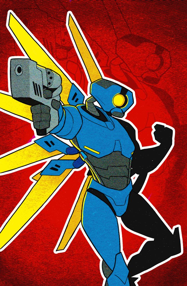 V1 from ULTRAKILL against a predominantly red background. It is holding it's revolver and is pointing it slightly to the left of where the viewer is, getting ready to aim