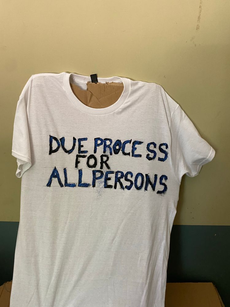 A white shirt that says due process for all persons.