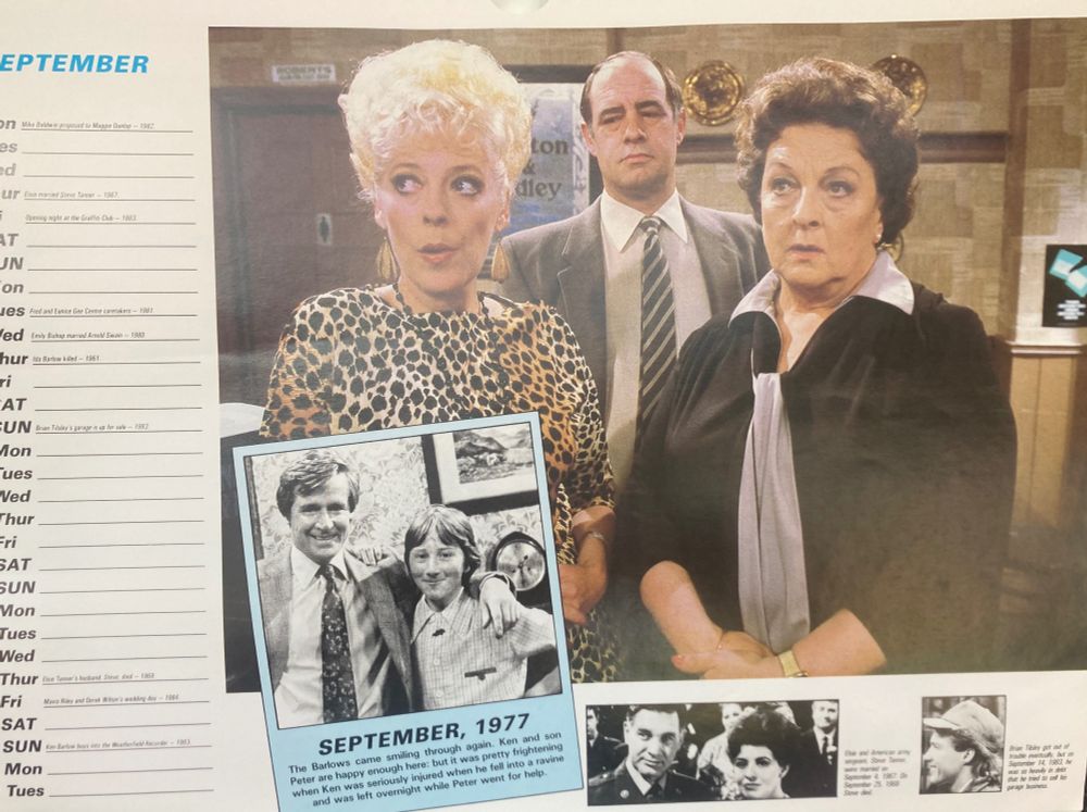 September from 1986's official Coronation Street calendar, with a large photo of Bet Lynch and Betty Turpin looking exasperated by the obnoxious Gordon Lewis. Lewis was the temporary Rovers Return manager after Billy Walker scampered off back to Jersey with his beard, and before Bet's successful session with Sarah Ridley.