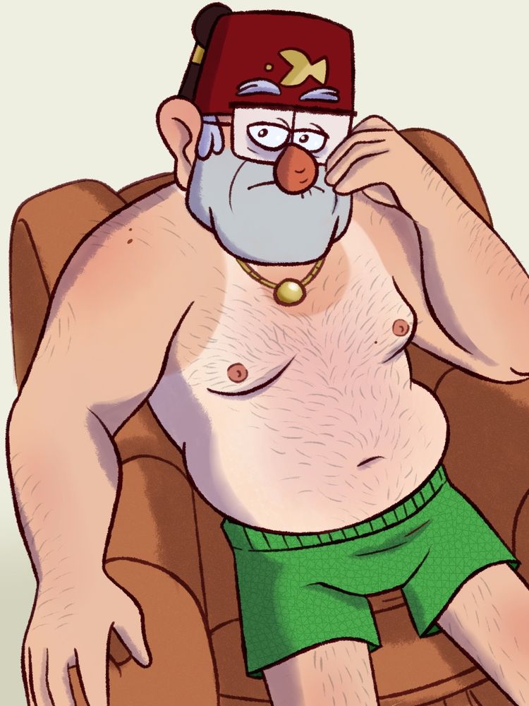 Grunkle Stan lounges in a brown recliner in a pair of green shorts. His tank top must be in the wash because he’s shirtless, revealing his tan lines. He lazily eyes you eyeing him.