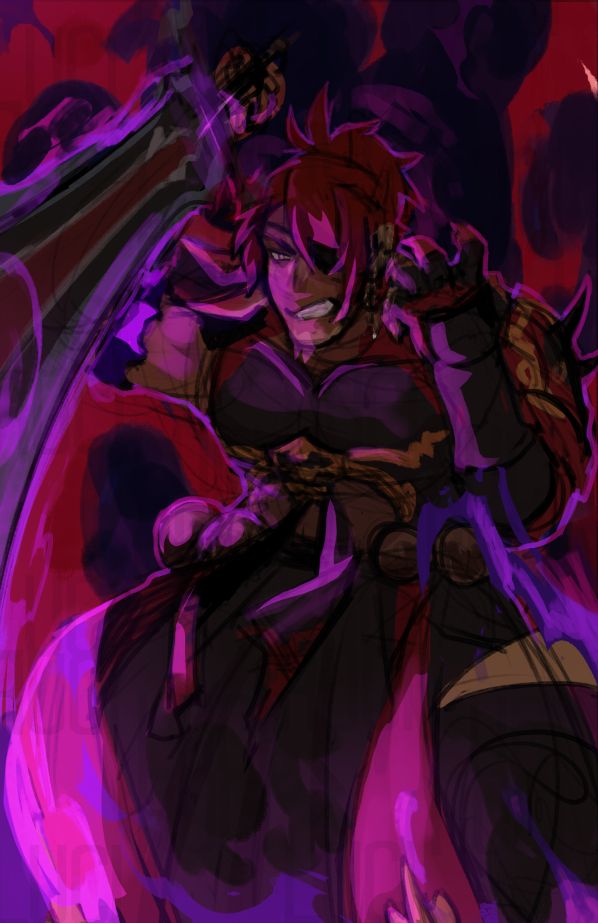 Au'ra Dark Knight original character hunched over surrounded by up-swell spell particles i guess