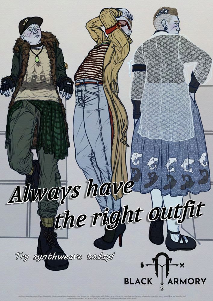 A digital illustration of a fake advertisement for Synthweave, a currency in Destiny 2. The ad features the same Awoken Warlock player character in three different outfits with the text "Always have the right outfit; try synthweave today!" The bottom of the image has the Black Armory foundry logo.