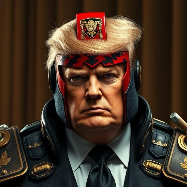 AI generated image of Trump as the character Judge Dredd where his hair is outside the helmet.