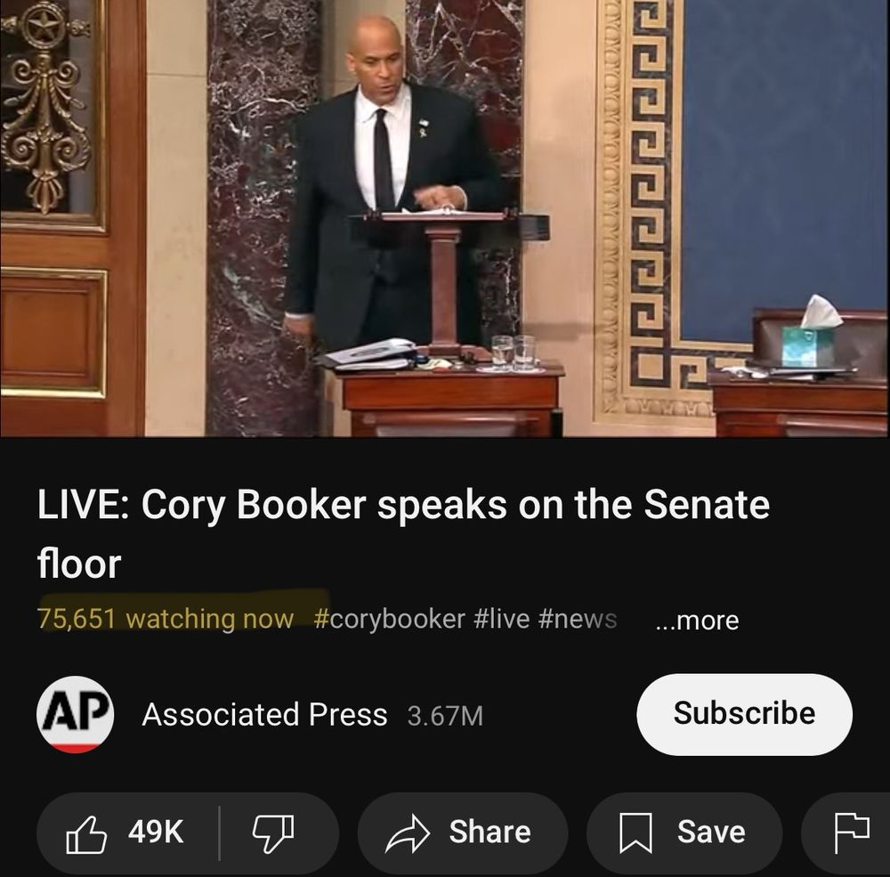 YouTube screenshot of Associated Press’s live stream of Senator Booker, with 75,651 “watching now”