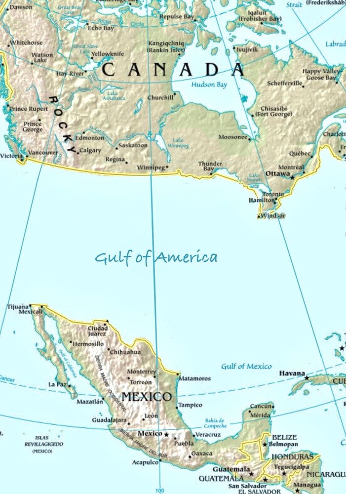 Map of north america with the US landmass replaced by water and the label “Gulf of America”