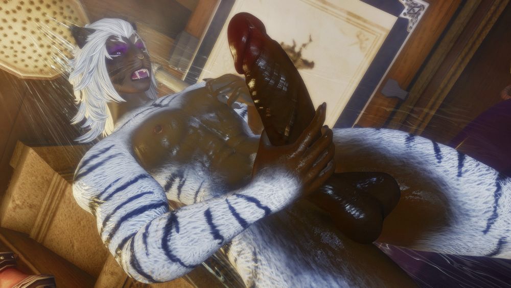 Aykor finds themselves in the throws of carnal need. In the shower of their private Free Company room, the tigress works their turgid mast and glisten with water and sweat.