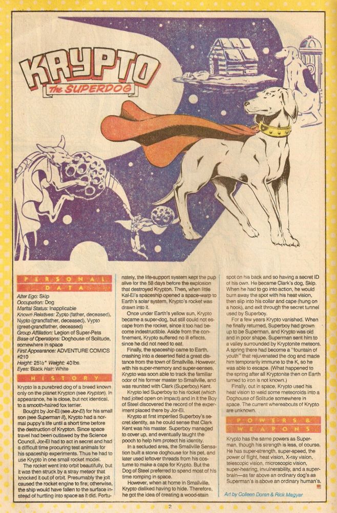 Page from DC Comics who's Who entry for Krytpo with heroic shots of Krypto and Superboy playing ball with meteors.