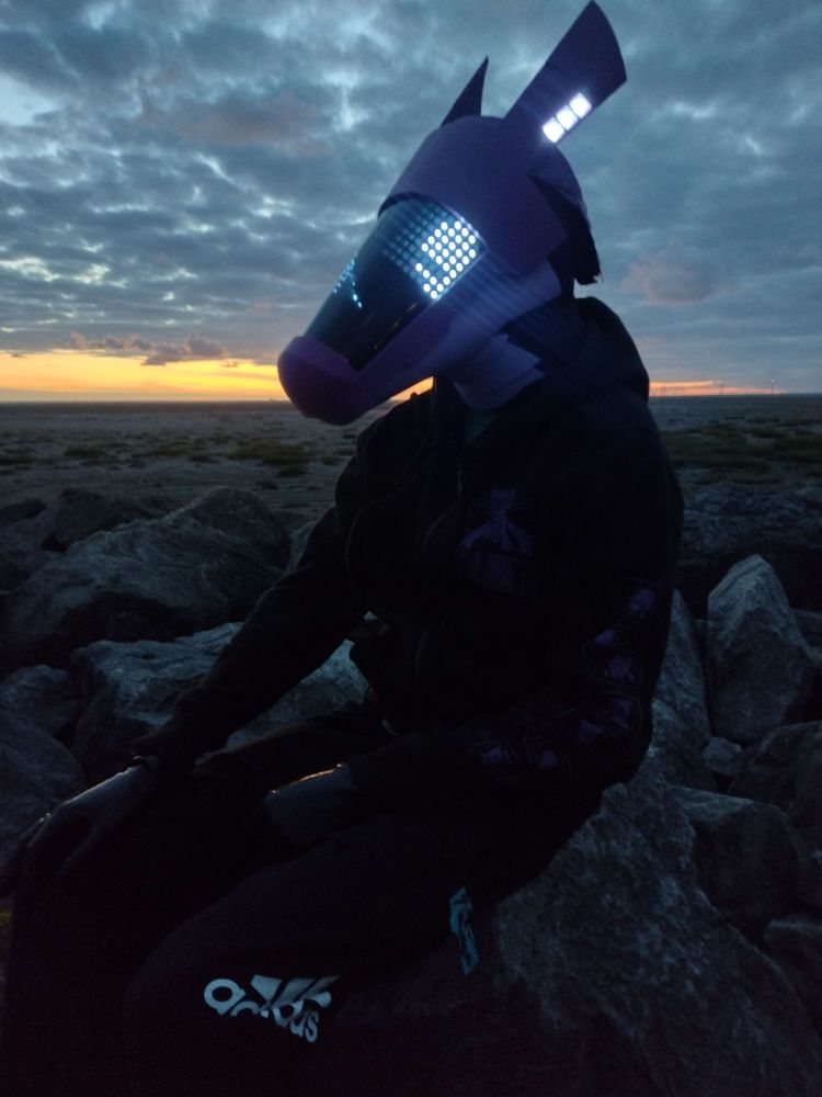 woomer irl wearing their dumb purple synth head near the sea