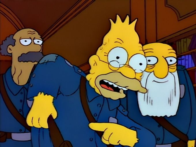 Abe Simpson wearing a shoddy police uniform, pointing to his belt. The tie an onion to your belt bit