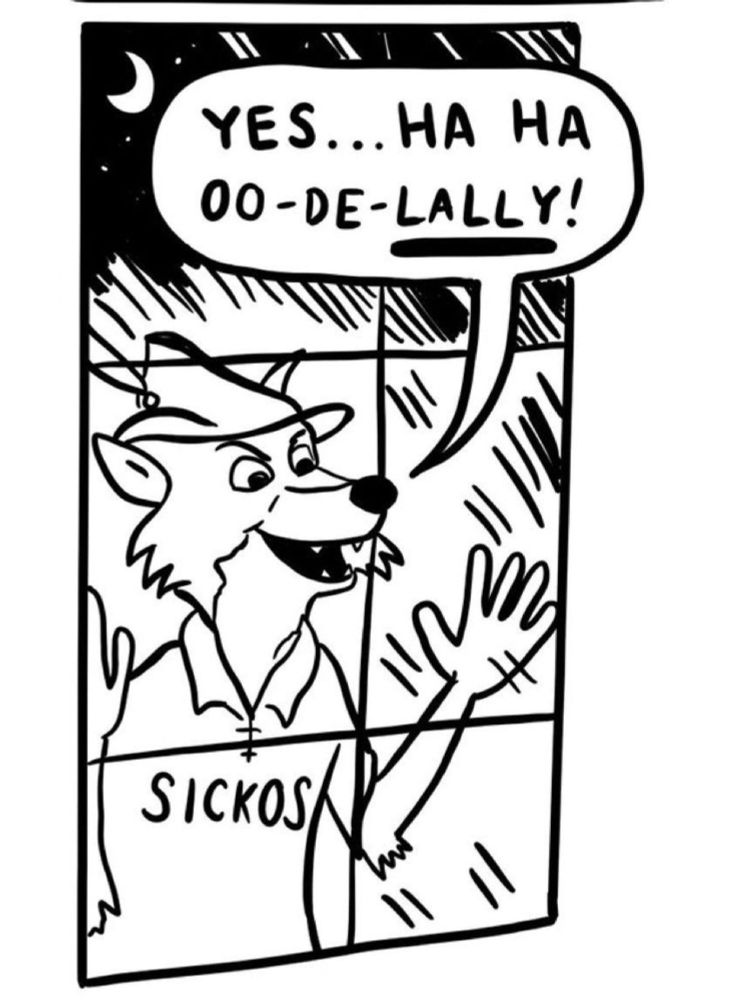 The onion sicko's meme but it's been changed to have the cartoon fox version of Robin Hood looking through the window. The speech bubble says, "Yes... Ha ha oo-de-LALLY!"