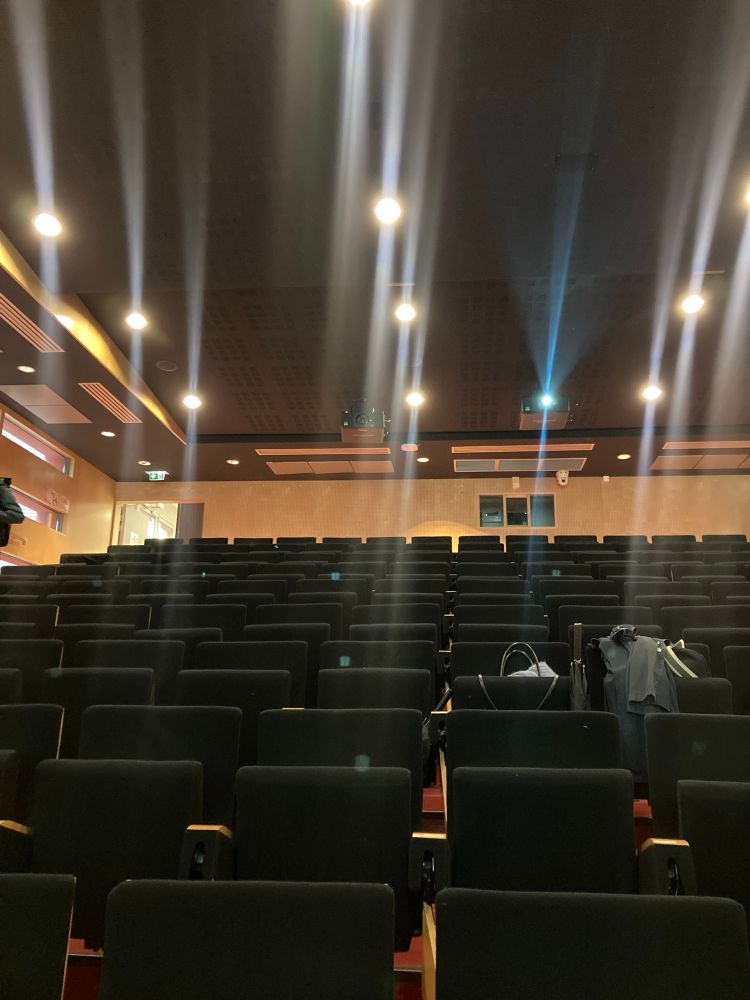 Photographie prise d'en bas de l'amphi. Les sièges sont noirs rembourrés en tissu. Les murs sont en bois. Les lumières des plafonniers dessinent des rayons verticaux à cause de la lentille de l'objectif du téléphone.