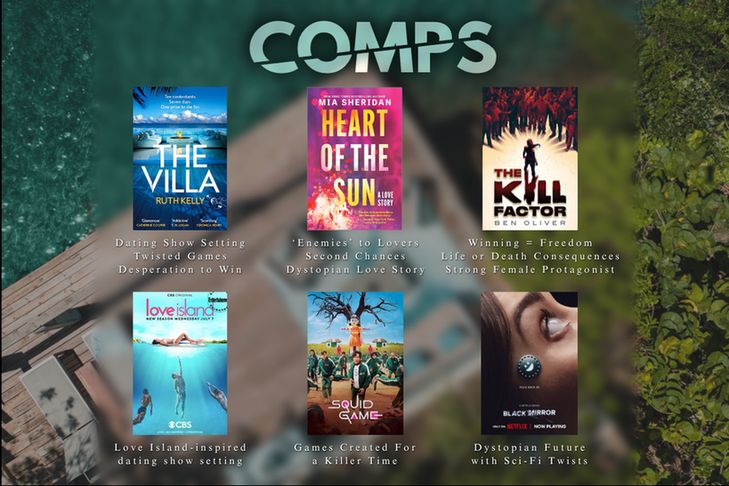 Above view of paradise dock on a beach, blurred, with words overtop.

Comps:
THE VILLA by Ruth Kelly - dating show setting, twisted games, desperation to win
HEART OF THE SUN by Mia Sheridan - 'enemies' to lovers, second chances, dystopian love story
THE KILL FACTOR by Ben Oliver - winning = freedom, life or death consequences, strong female protagonist

LOVE ISLAND - Love Island-inspired dating show
SQUID GAME - games created for a killer time
BLACK MIRROR - dystopian future with sci-fi twists