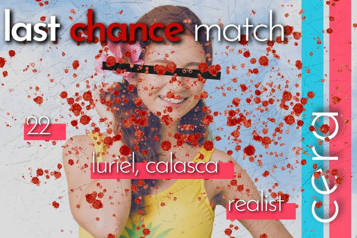 Last Chance Match promotion picture for Cera: a 22-year-old realist from Luriel, Calasca.
Red-headed woman pictured smiling with blood splattered overtop and her eyes blacked out.