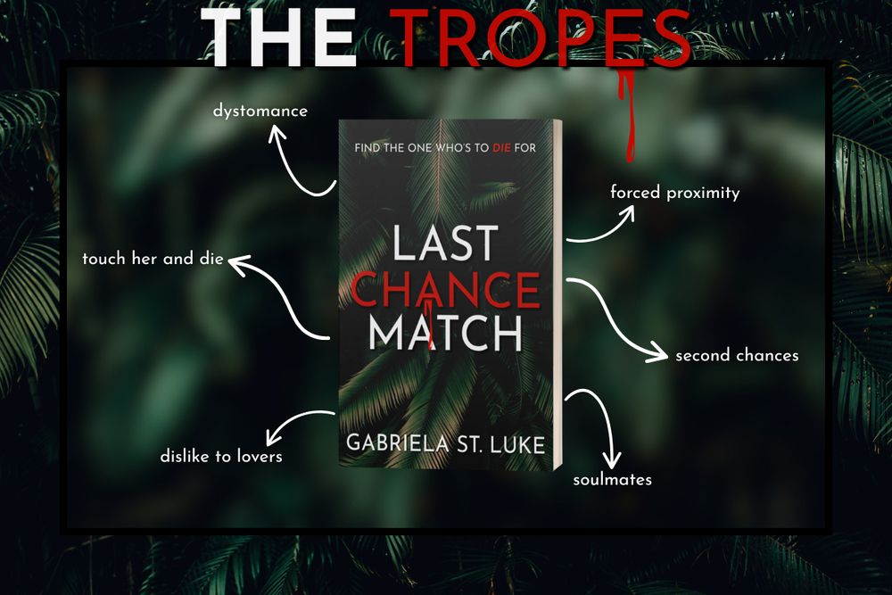 The Tropes:

Arrows pointing from a mock cover of LAST CHANCE MATCH book with ferns with the following tropes:
Dystomance
Touch her and die
Dislike to locers
Forced proximity
Second chances
Soulmates