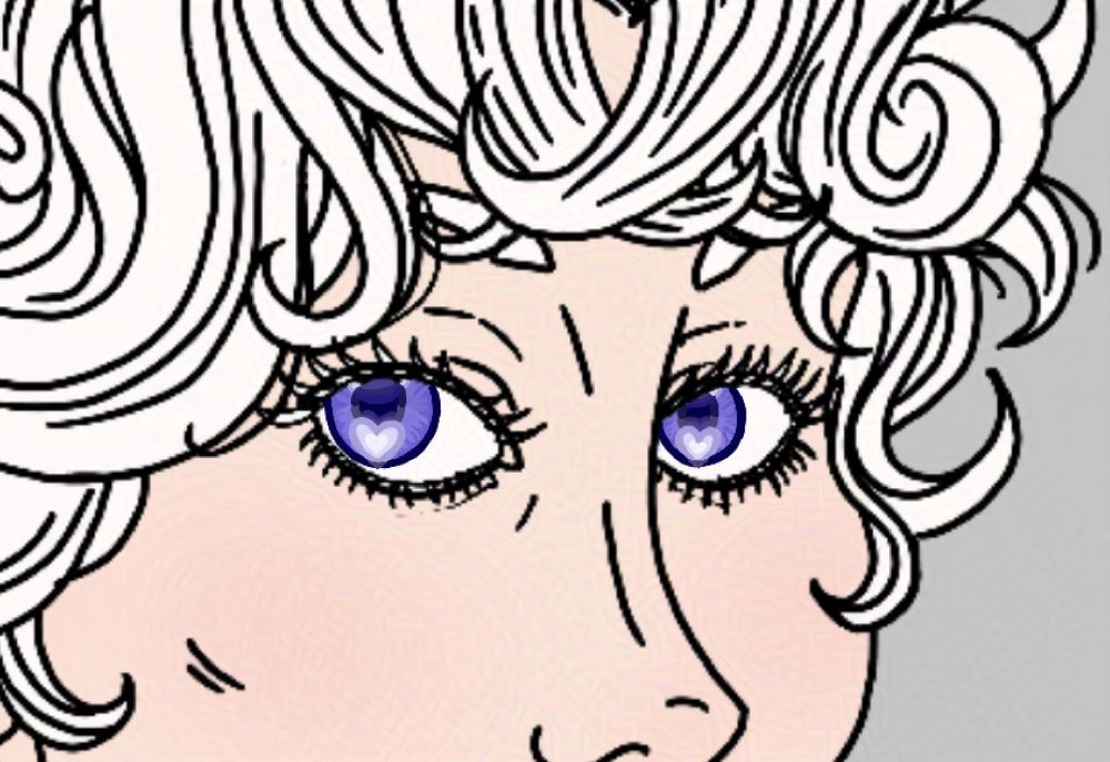 Closeup of Bede’s violet-purple eyes. Arguably too many individual colors have been employed.

This piece has been protected with Glaze.