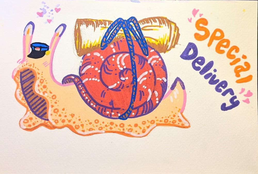 A painting of a colorful snail wearing a postage hat. There is a rolled up letter tied to it's shell, and text saying "Special Delivery" to the right surrounded by hearts.