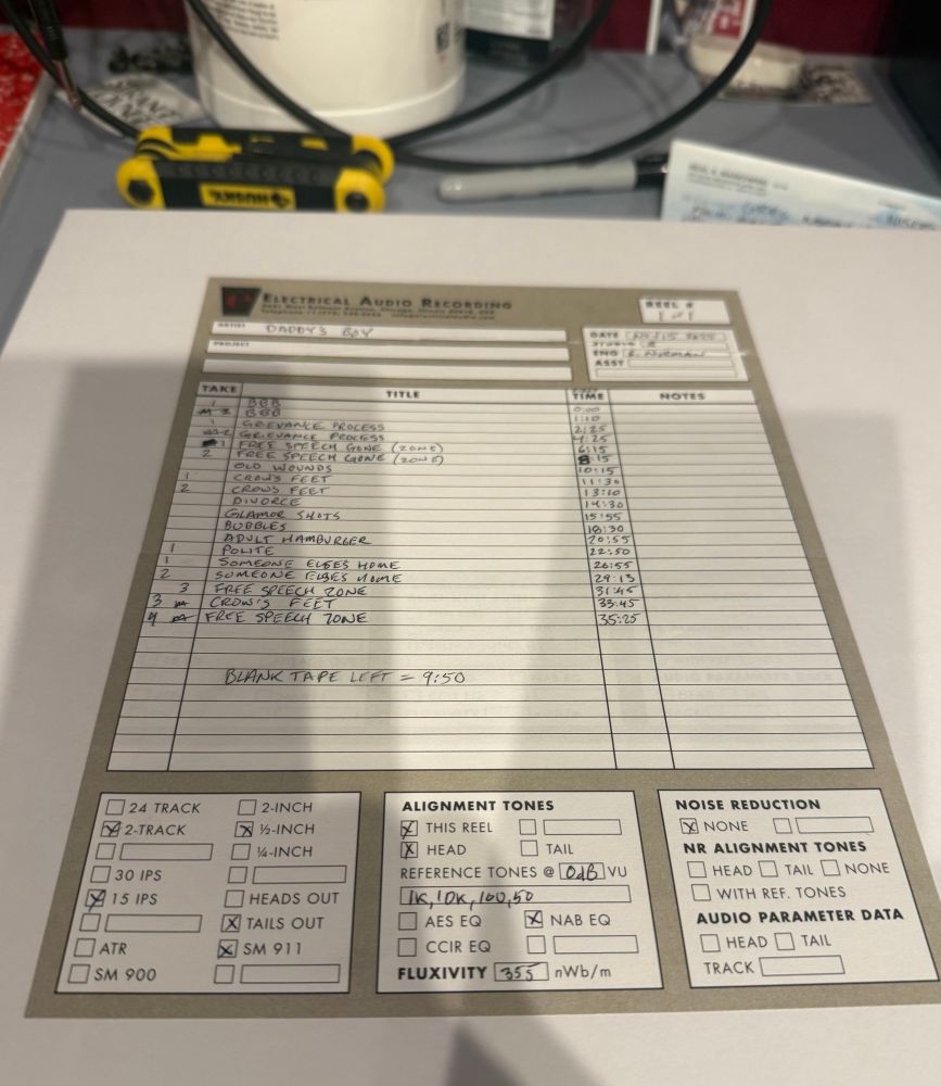 box containing the tape reel of our finished session, with track names and song lengths 