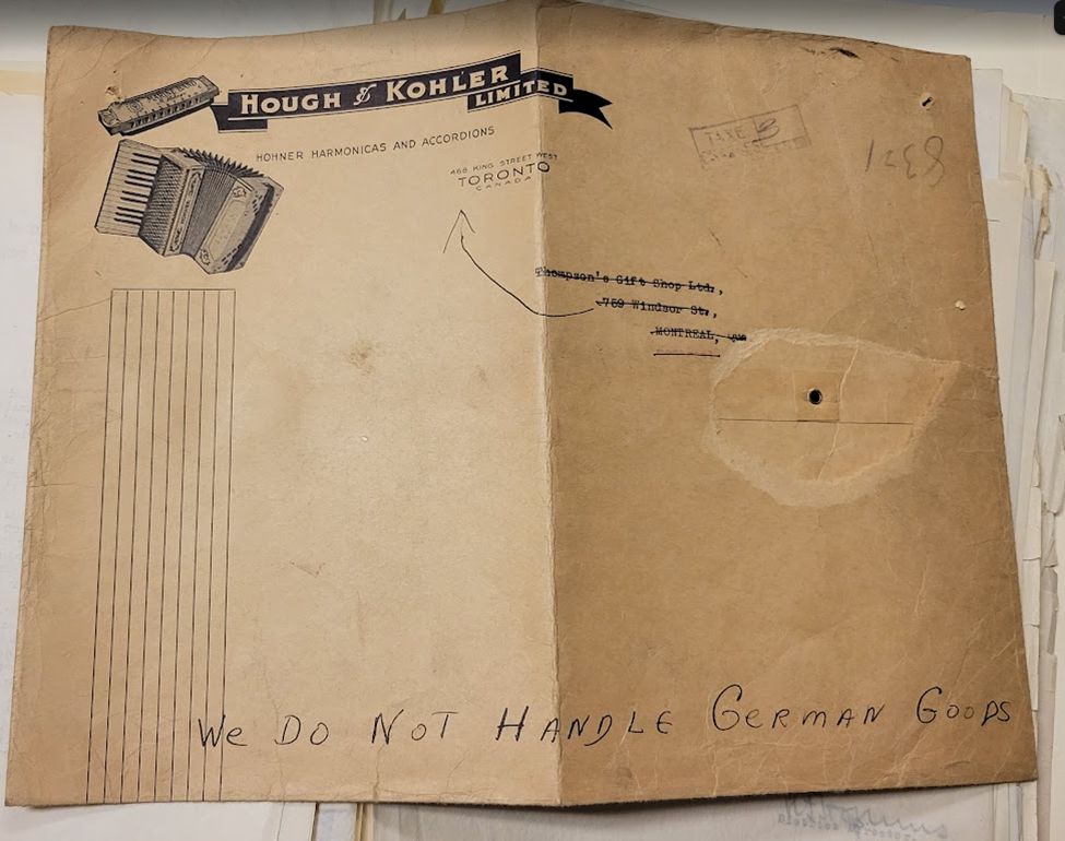 Envelope from Toronto accordion and harmonica dealer Hough and Kohler Ltd with handwritten slogan "We do not handle German Goods"