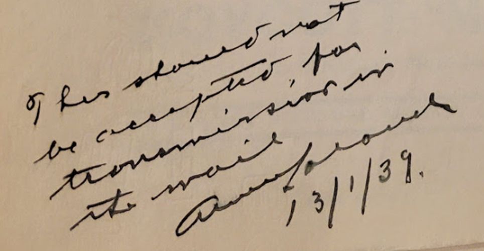 Detail of handwritten note on the letter, dated Jan 13, 1939, reading "This should not be accepted for transmission in the mail." 