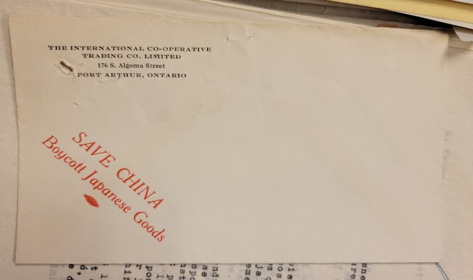 Printed envelope from International Co-Operative Trading Co. Ltd., Port Arthur [Thunder Bay], Ontario, with red printed slogan "SAVE CHINA Boycott Japanese Goods"