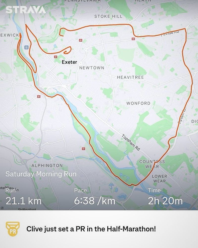 A Strava map of my half marathon around Exeter.