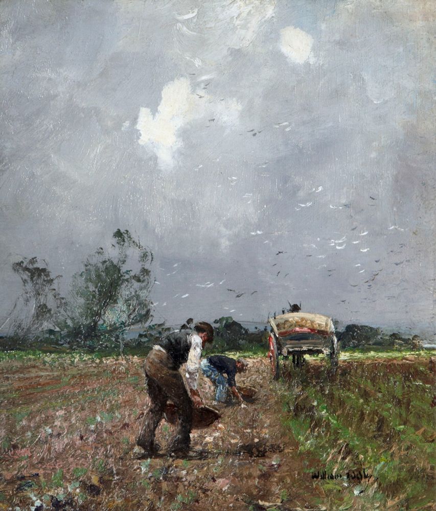 A painting of two workers in a field, bent over to gather from the earth. They hold baskets, while a horse and cart awaits in the near background. The sky looms overhead, grey and white, while a wind blows around the field - birds flocking, a thin green tree bending. 