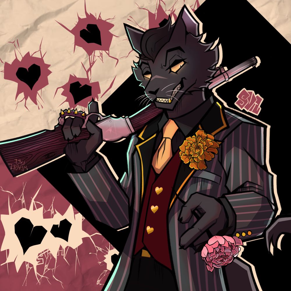 A digital drawing of Wes Clyde from Lackadaisy 
A well-dressed anthropomorphic cat with black fur, orange eyes, and slicked-back hair. The suit is grey with pink pinstripes and gold accessories. He is holding a flower in his left hand and resting a shotgun on his right shoulder. Heart-shaped bullet holes fill out the background. 

#lackadaisy #lackadaisycats #furry #furryart