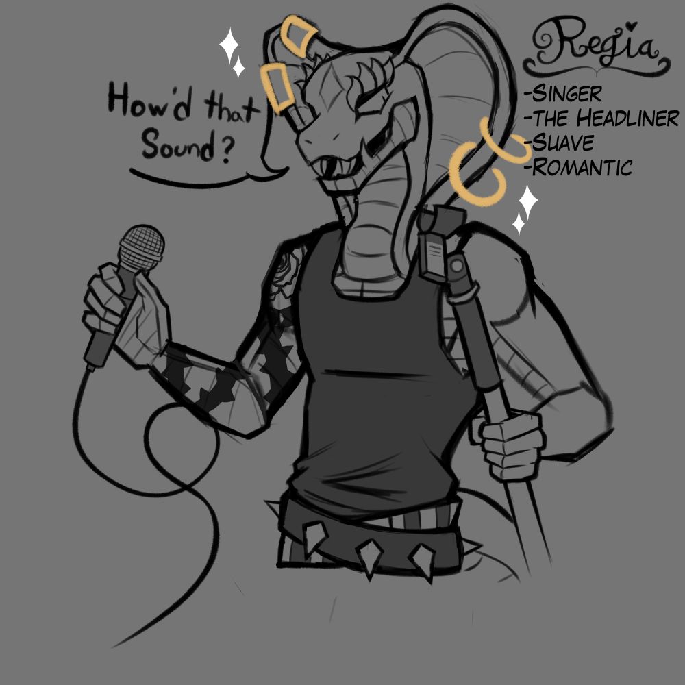 Simple digital drawing of an anthropomorphic snake named Regia holding a microphone, saying "How'd That sound?" 

#furry #furryart