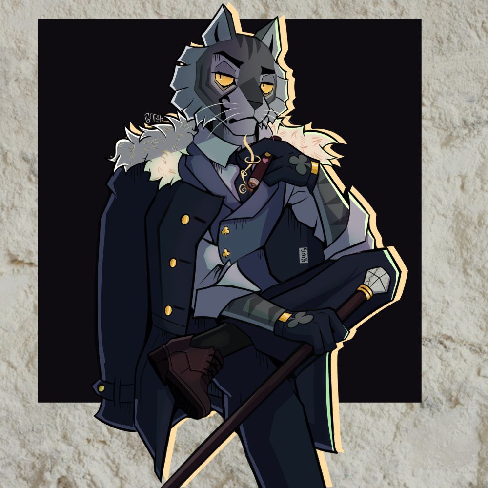 A digital drawing of Altas May from the webcomic Lackadaisy 
A grey anthropomorphic cat wearing a vest/tie, a fur-collared jacket, and gloves, all with gold accents. He sits with one leg over the other, holding a cane and a lit cigar. the background is a black square surrounded by a light green rocky texture. 
#furryart #lackadaisy #furry #lackdaisyfanart