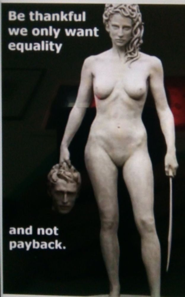 "Be thankful we only want equality and not payback" 
 The image is Medusa with the Head of Perseus is a sculpture created by Luciano Garbati in 2008