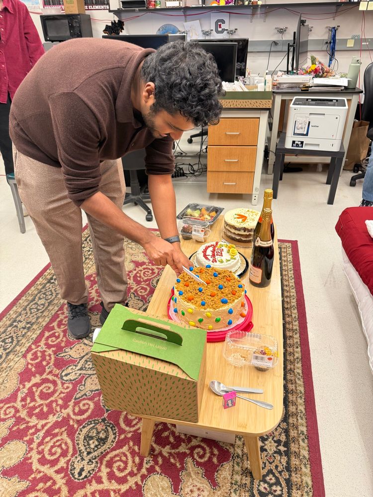 Hari starts (multi)slicing the cake decorated with M&Ms laid out in a perovskite lattice