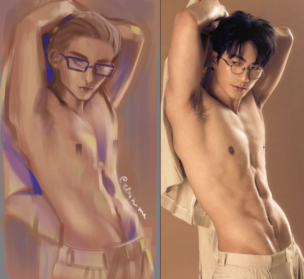 Picture of men with their arms up over their head, holding their shirt behind them
left: is a painted version
right: is the reference