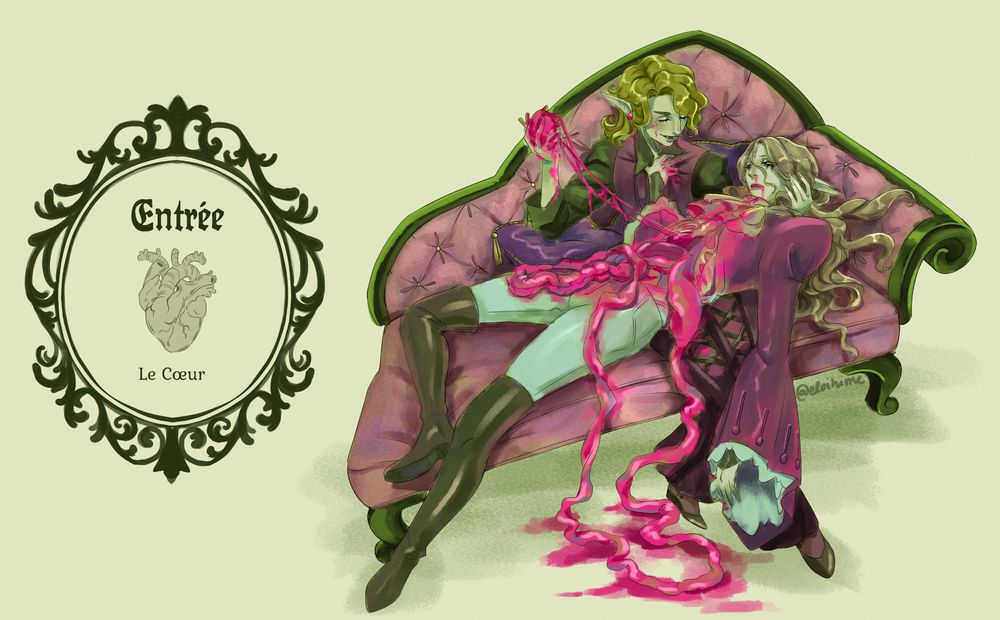 digital art of 2 characters on a chaise lounge. Lewis sits upright, holding Lux's heart in one hand, cradling his head in another. 
Lux is strewn on his lap, disemboweled and weakly gripping onto Lewis' shirt. 

To the left is an ornate frame with an image of an anatomically correct heart. It reads 'Entree' above it, and  below the heart it reads 'Le coeur'

Lewis is @arrrmagedon's  (art fight)