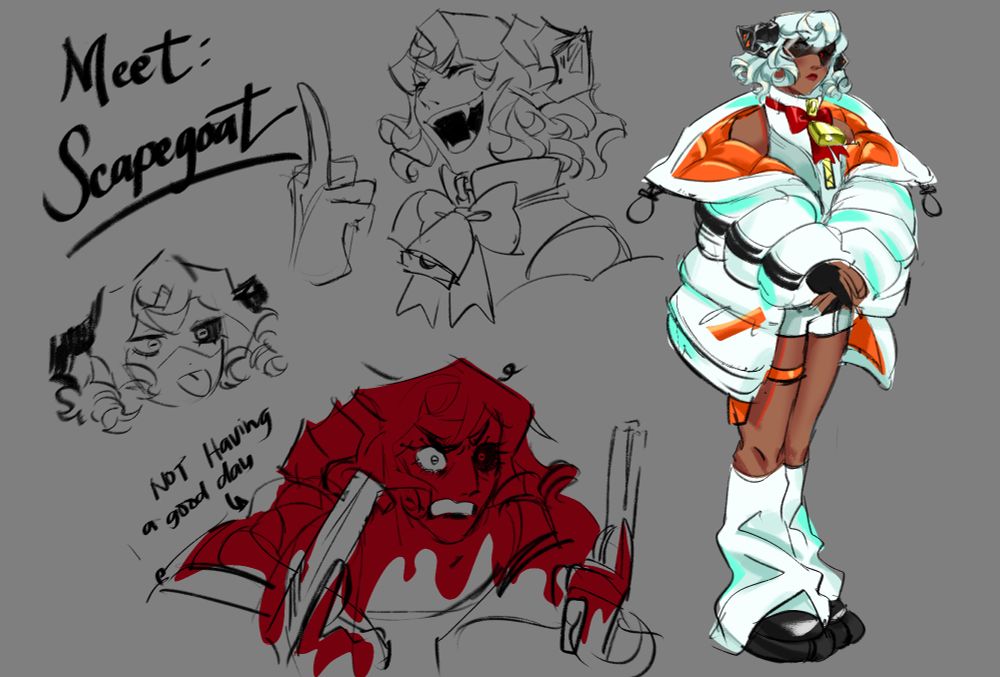 Illustration of Scapegoat. They have white hair and dark skin and 2 notable cyberware-- the horns and their eye as enhancements. They wear a thick, puffy white jacket, leg warmers, and platform shoes. On their neck is a large ribbon and a bell. They also wear mirror lenses as to hide the fact that their eye is recording everything they do

Other doodles on the page: top: scapegoat flipping off someone with a cocky expression
left: Chibi head of scapegoat with their tongue out
bottom: scapegoat covered in blood, wielding two guns like daniel radcliffe in guns akimbo, and  they're not having a great day