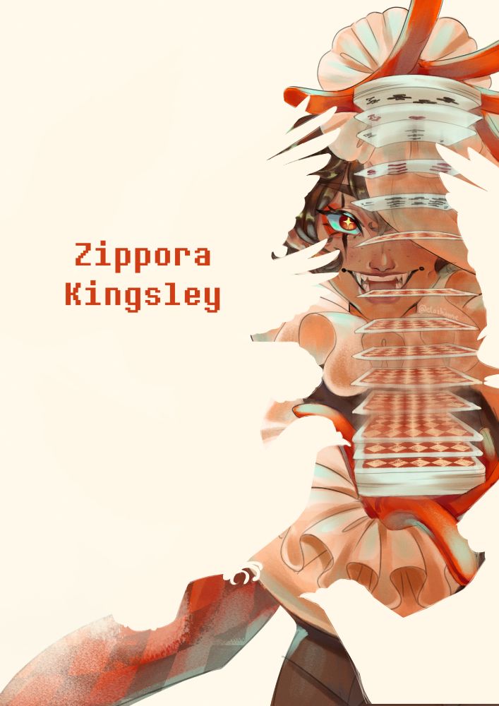 Image is of a swarm of doves in the negative space, and Zippora peeking through, performing a card spring
Text: Zippora Kingsley
