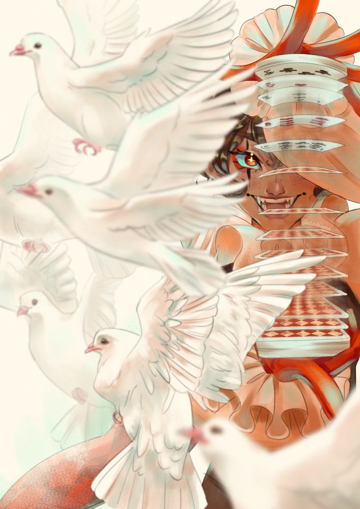 Image is of a swarm of doves on the left, and Zippora peeking through, performing a card spring