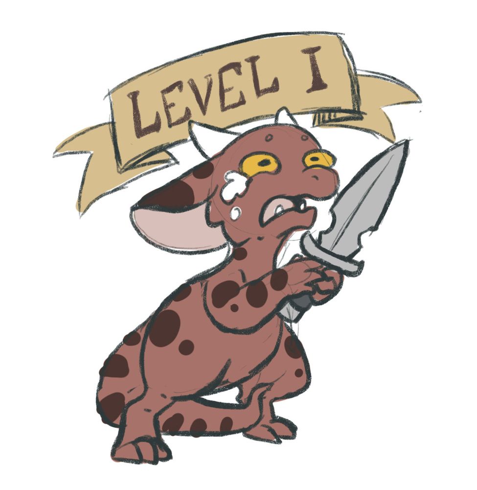 A sketch of a scared looking kobold, tears running down their face, as they hold out a tiny dagger. Above their head is a little banner that reads level 1