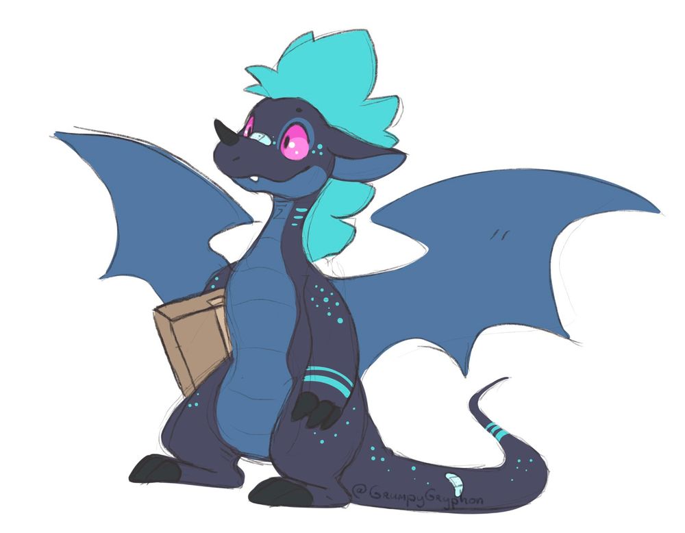 A drawing of a dark blue dragon with bright pink eyes and a neon turquoise mane and markings. They're holding a little parcel under their arm. They have a plaster on the bridge of their nose and tail.