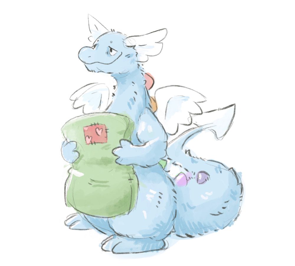 A sleepy looking fluffy blue dragon is standing around with a green pillow