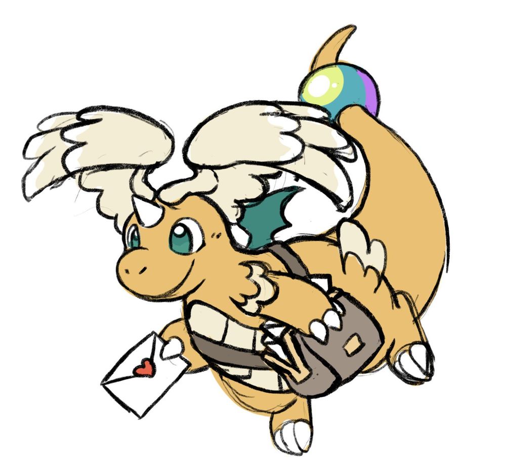 A rough drawing of mega dragonite delivering some mail