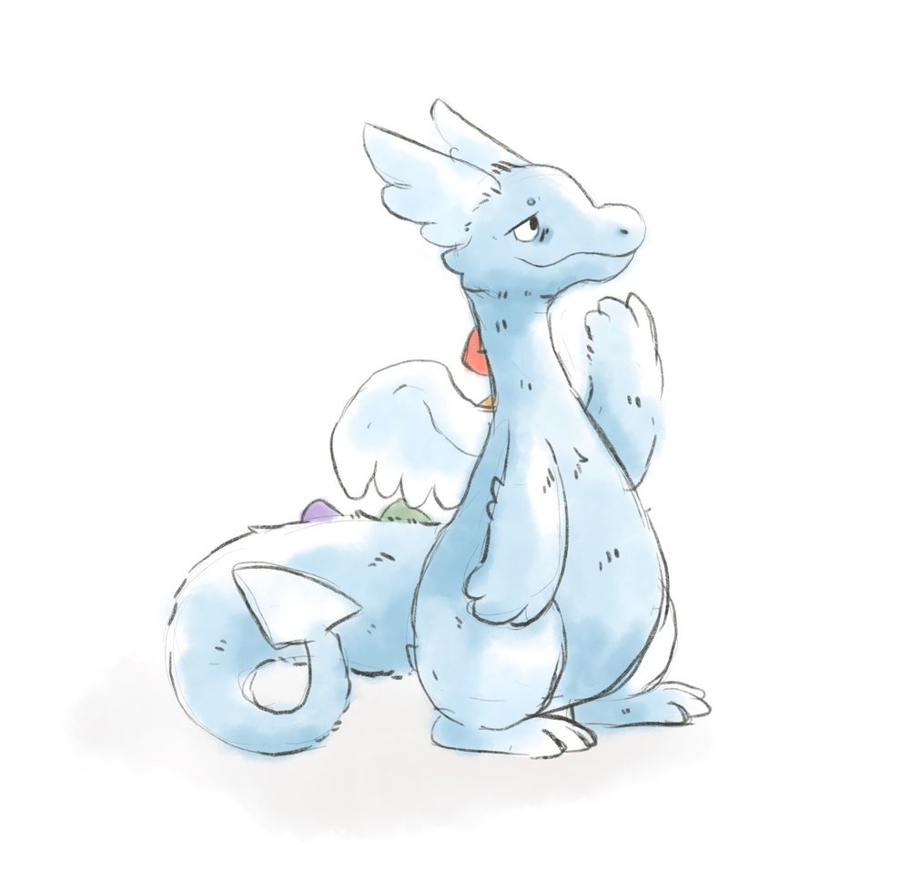 A snoozy looking blue dragon with white wings and colourful spikes going down their back