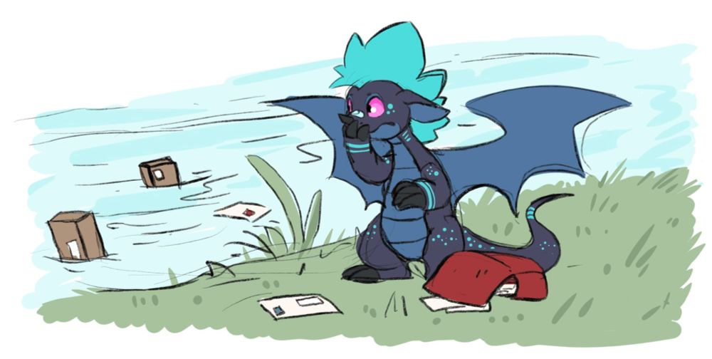 A drawing of a dark blue dragon with bright pink eyes and a neon turquoise mane plus markings is standing on a river bank. They're holding their front paw to their face as they awkwardly look at a whole bunch of packages and letters floating down the river. Next to the dragon is a dropped red mail bag that has more letters spilling out of it. This mail deliverer has messed up... again.