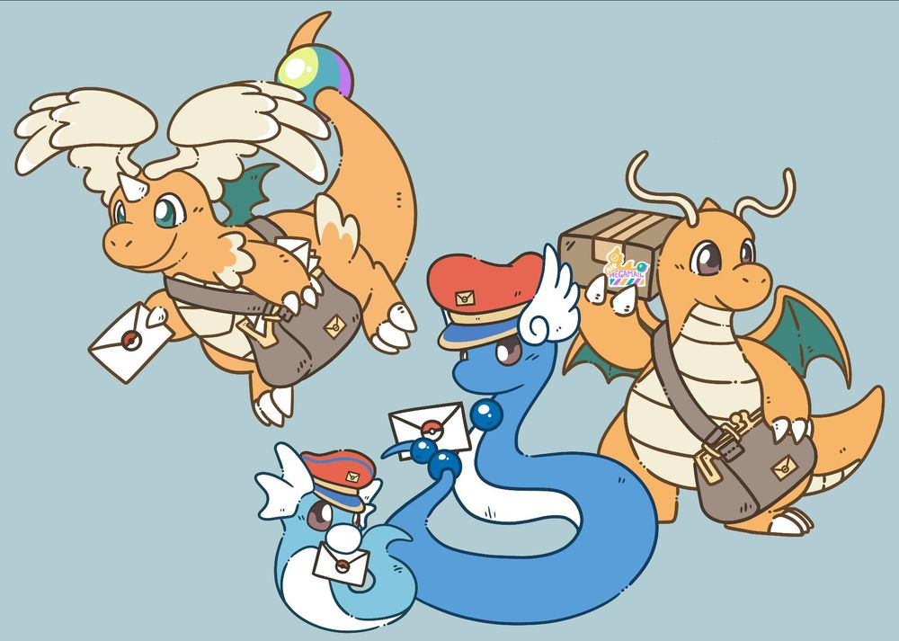 A drawing of the entire dratini, dragonair, dragonite and mega dragonite evolution line with mail courier outfit details