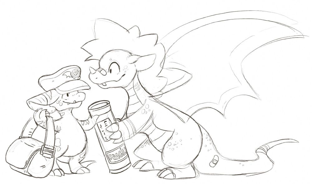 A dragon is taking a cylinder shaped shipping container from a kobold. The kobold is wearing a little hat and is also holding a heavy looking bag, likely about to hand it to the dragon