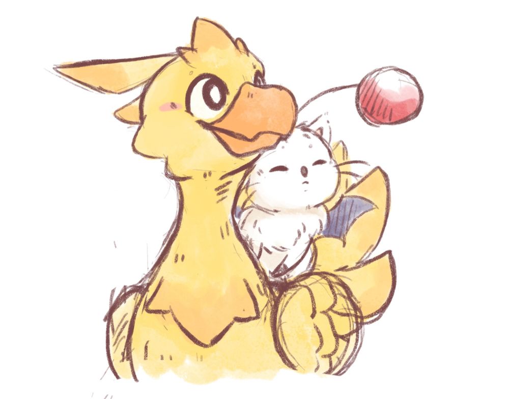 A coloured sketch featuring a small moogle sitting on the back of a yellow chocobo. They appear to be looking up at something to the right on the image.