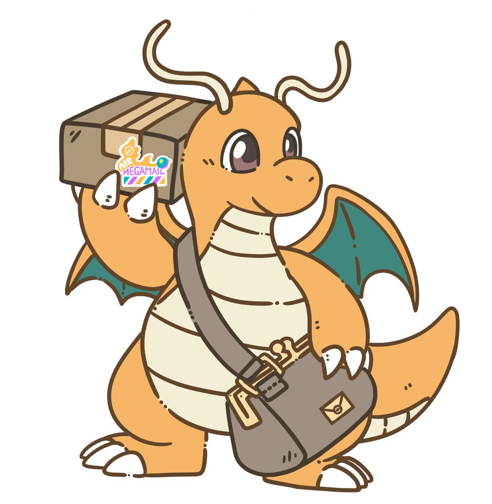 A drawing of a dragonite mail courier with a box popped onto their shoulder 