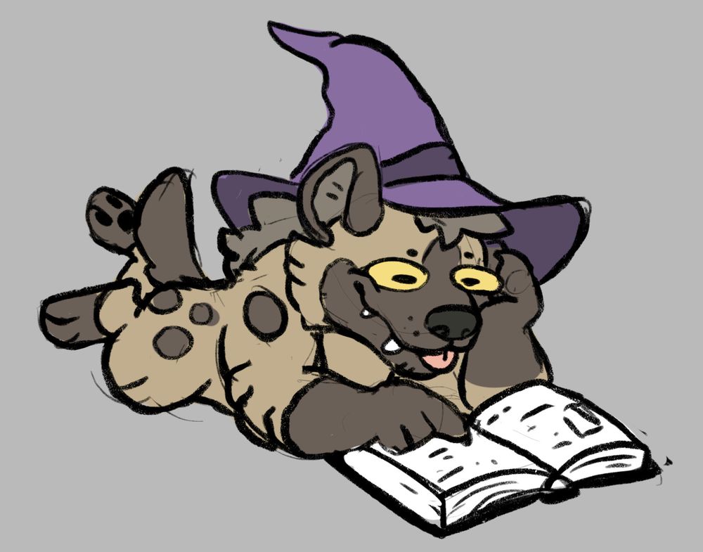 A drawing of a gnoll wearing a giant wizard hat. They're flopped onto their belly, reading a tome. They got the tip of their tongue sticking out, clearly concentrating although one has to wonder how much is going on behind those eyes.