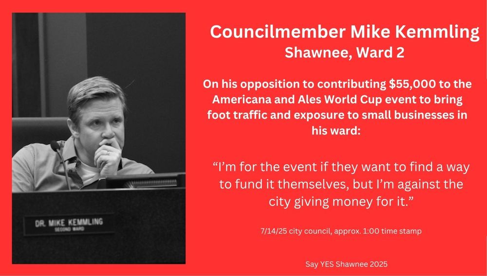 Councilmember Mike Kemmling
Shawnee, Ward 2

On his opposition to contributing $55,000 to the Americana and Ales World Cup event to bring foot traffic and exposure to small businesses in his ward: 

“I’m for the event if they want to find a way to fund it themselves, but I’m against the city giving money for it.”

7/14/25 city council, approx. 1:00 time stamp

Say YES Shawnee 2025