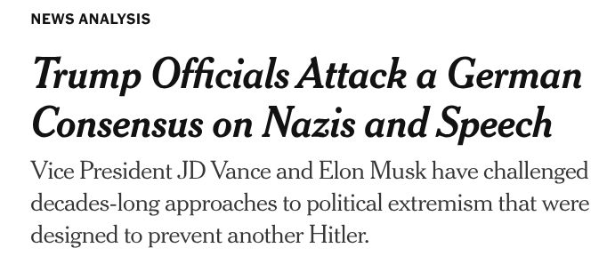 Trump Officials Attack a German Consensus on Nazis and Speech
Vice President JD Vance and Elon Musk have challenged decades-long approaches to political extremism that were designed to prevent another Hitler.