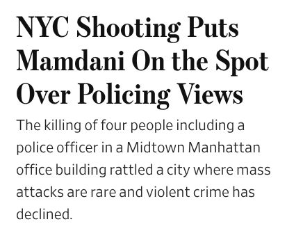 New York Shooting Puts Mamdani On the Spot Over Policing Views
Killing of four people, including an NYPD officer, highlights potential weakness for the democratic socialist